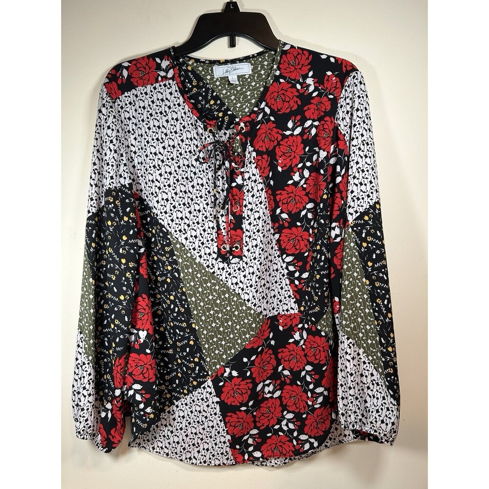 Libby Edelman Blouse Lace Up Neckline Patchwork Peasant Top Size Large - EUC